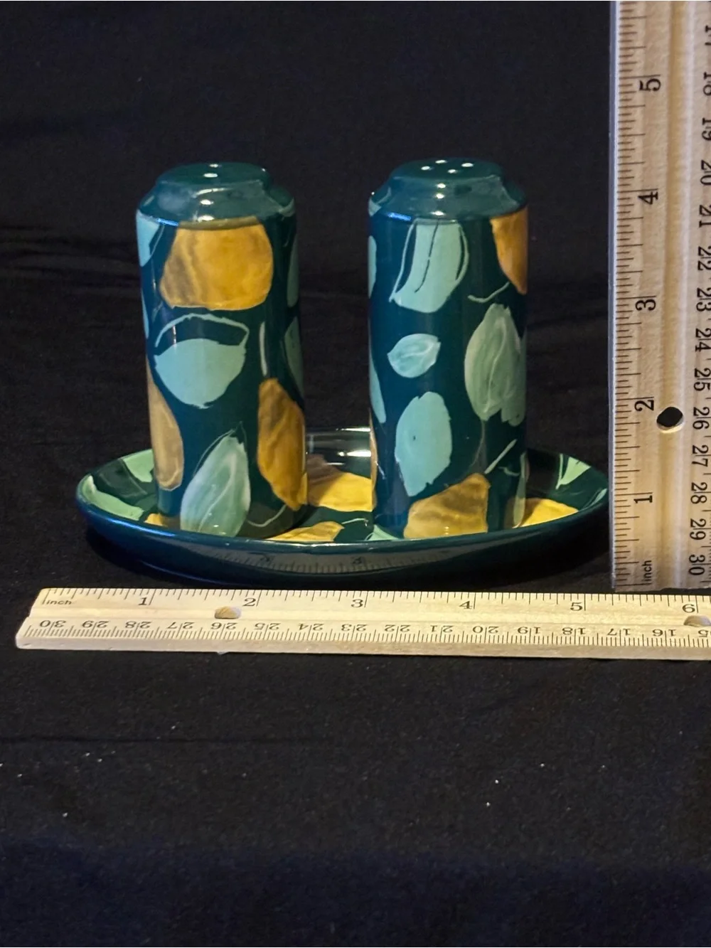 Anthropologie Holly and Pear Salt & Pepper Shakers with Underplate. Ceramic